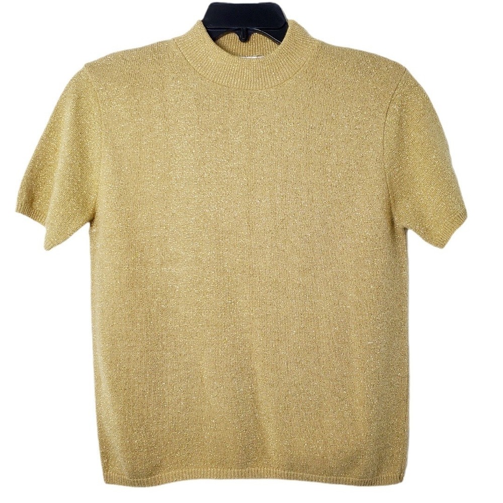 Vintage 90s Norton McNaughton Gold Short Sleeve Metallic Sweater Mock Neck
